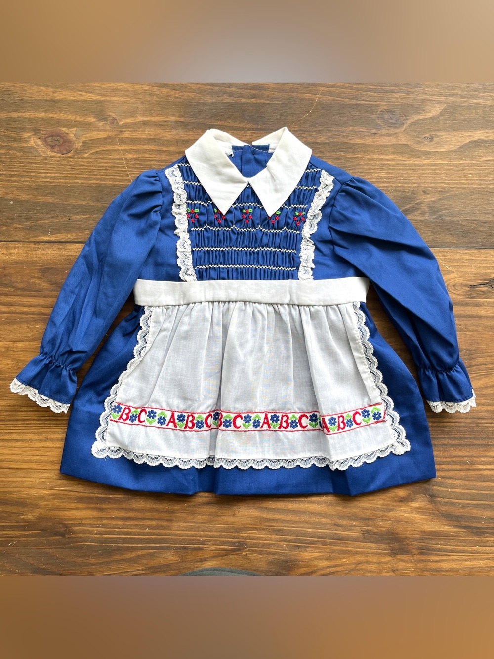 VTG Polly‎ Flinders Dress Size 2T Blue Hand Smocked Embroidered Floral ABCs Lace